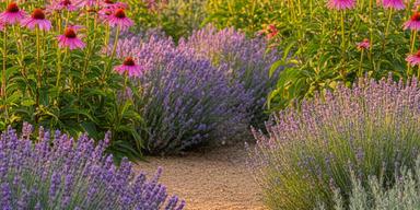 Zonnige border met roze zonnehoed, paarse salie en lavendel langs een tuinpad