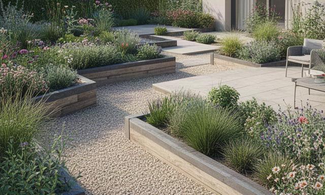 Onderhoudsvriendelijke tuin met grind, vaste planten en overzichtelijke verhoogde borders