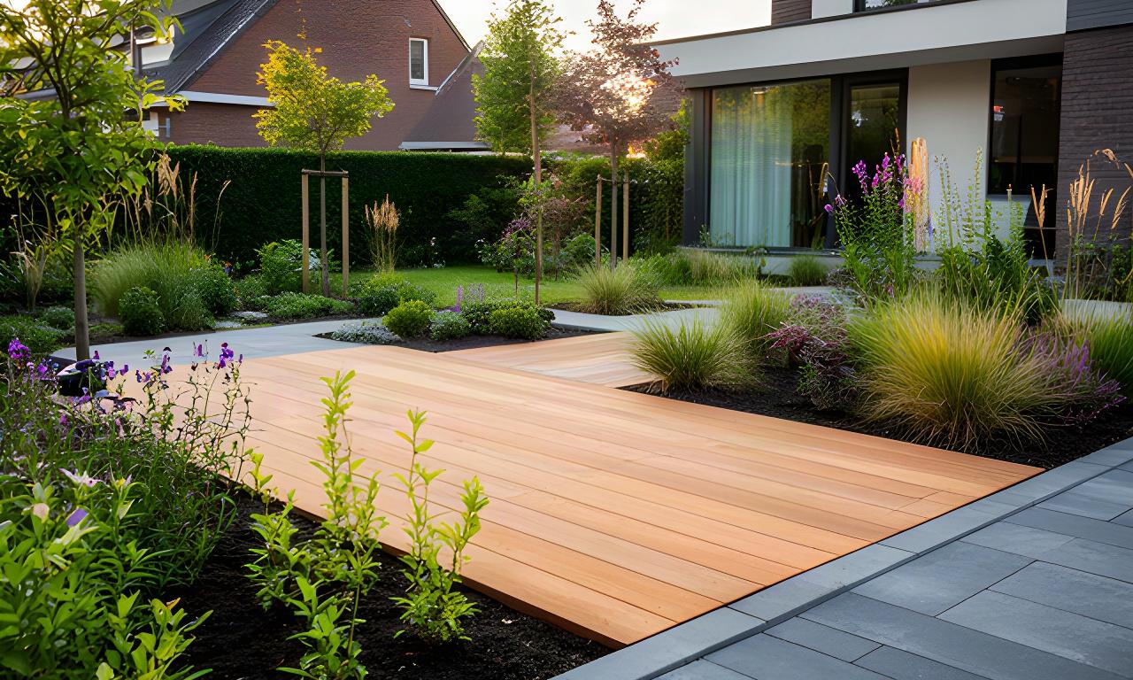 Nieuw aangelegde groene tuin met strakke lijnen, houten terras en jonge beplanting in Limburg